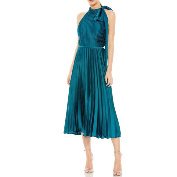Mac Duggal 26909 Pleated High Neck Kitten Bow Midi Dress 20 - Picture 1 of 9